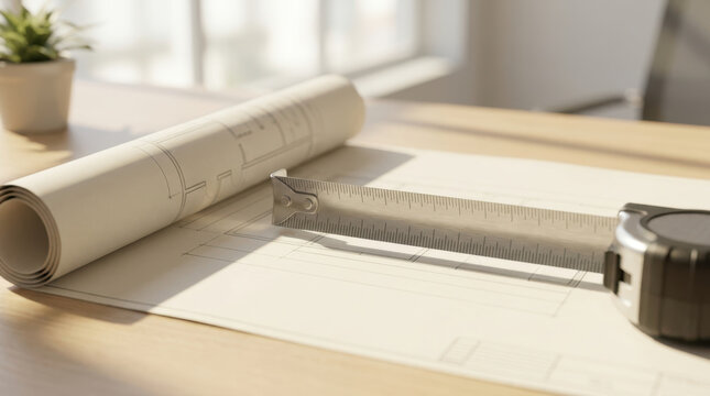 Architectural blueprint with measuring tape on wooden desk under warm sunlight creating precise planning scene for design work and construction