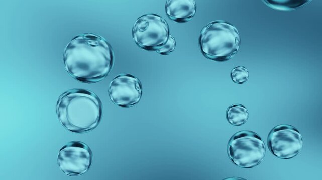 Seamless animated loop featuring transparent crystal glass meta balls with glossy reflections, fluid forms, and a blue-cyan gradient background.  