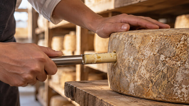 Artisan Cheesemaker Testing Aged Cheese Wheel with Cheese Trier