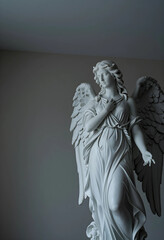 Fototapeta premium Spirituality and faith concept marble angel statue with wings in a peaceful pose for religious memorial and funeral themes in a classic interior