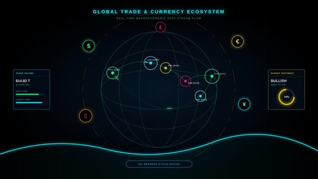Global Financial Trade and Currency Ecosystem Data Visualization with Digital Network Interface