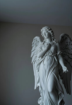 Spirituality and faith concept marble angel statue with wings in a peaceful pose for religious memorial and funeral themes in a classic interior