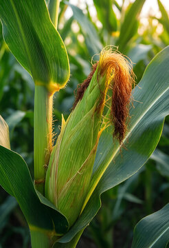 Agriculture and food security, fresh corn cob growing on stalk in summer field for sustainable farming and harvest season with natural sunlight