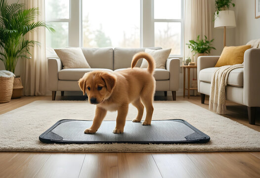 Puppy potty training and pet care, golden retriever dog standing on a training pad in a modern living room for housebreaking and domestic hygiene