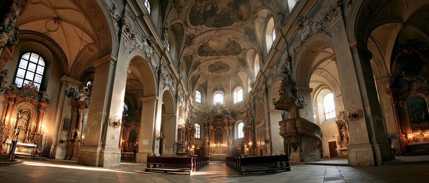 Grand Baroque Church Interior with Ornate Architecture, Frescoed Ceilings, and Sunbeams Illuminating the Nave, Highlighting the Historic Beauty and Spiritual Ambiance