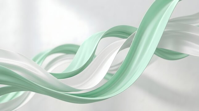 A dynamic composition of intertwined ribbon like forms in pastel mint and pure white hues gracefully curves through space with soft lighting