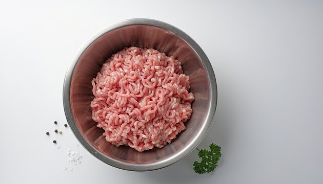 Raw Ground Meat in Metal Bowl: A close-up overhead view of raw, pink ground meat, likely pork or chicken, piled high in a stainless steel mixing bowl.