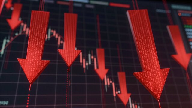 Red arrows plunge on financial charts, signaling market decline and economic downturn.
