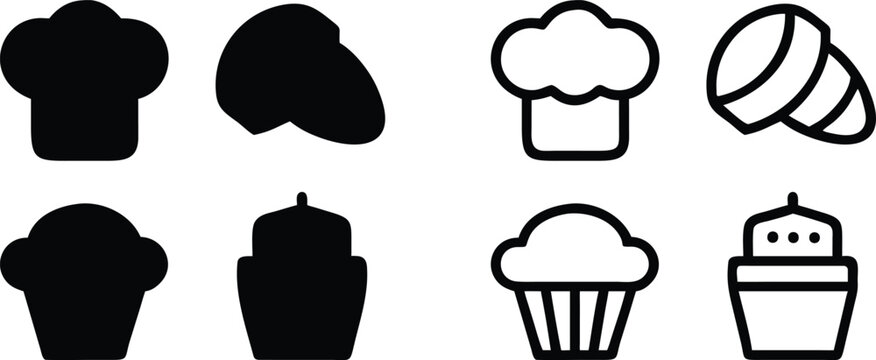 Vector set of bakery and cooking icons featuring chef hat croissant muffin and cake in solid black silhouette and line art styles