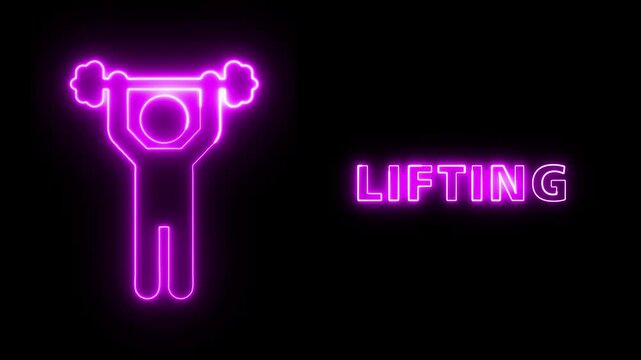 Neon Purple Glow Weightlifting Icon Design Featuring A Person Lifting A Barbell Above Head With Lifting Text Label For Fitness Gym Branding
