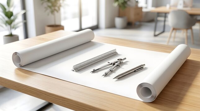 An unrolled white architectural drawing rests on a light wood surface  accompanied by metal drafting instruments such as a T square  compass  and mechanical pencil