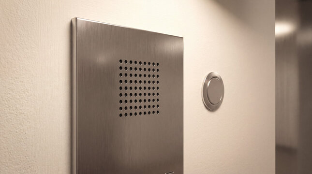 Modern intercom system featuring a sleek brushed metal speaker panel and a round push button for entry access