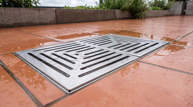 Rainwater pooling on a terracotta tiled surface, efficiently flowing into a modern stainless steel drainage system