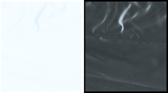Crumpled plastic texture overlay, wrinkled transparent film background, set of two high contrast cellophane surface textures
