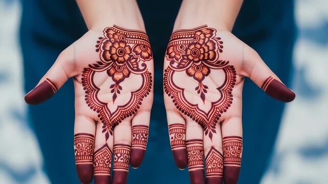 Closeup of hands with intricate henna mehndi tattoo designs