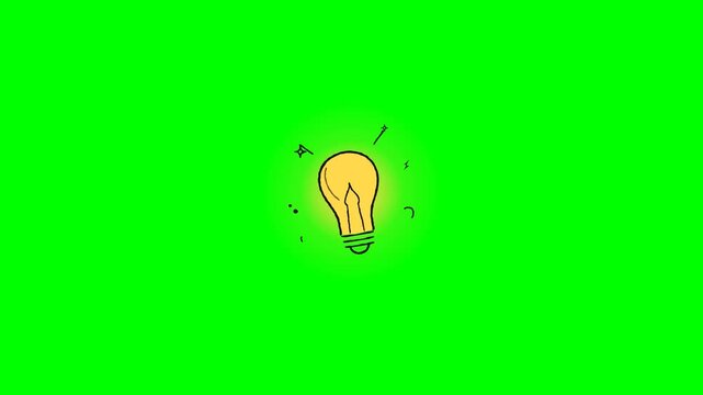 Premium 4K UHD playful 2D hand-drawn doodle animation of a light bulb. Features step-by-step sketch reveal, illuminating warm yellow glow, floating creativity sparks, and seamless 10-second loop on pu