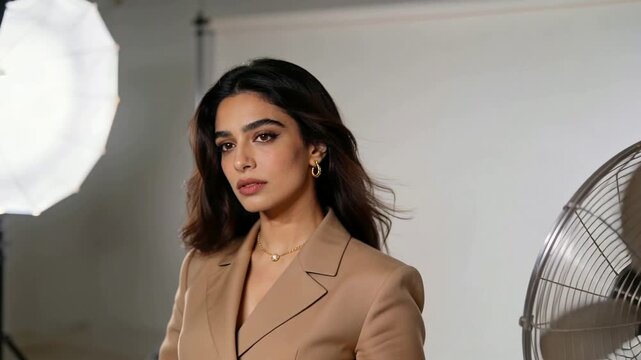 Responding to fan switching on, model in tan blazer adjusting hair at studio, softbox and jewelry