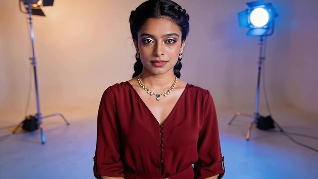 Posing model in maroon dress and gold pendant while camera reframing to closeup with studio lights