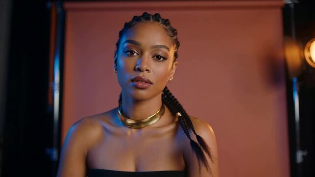 Posing model on studio cue, wearing strapless top, gold choker, shifting tilt and gaze for looks