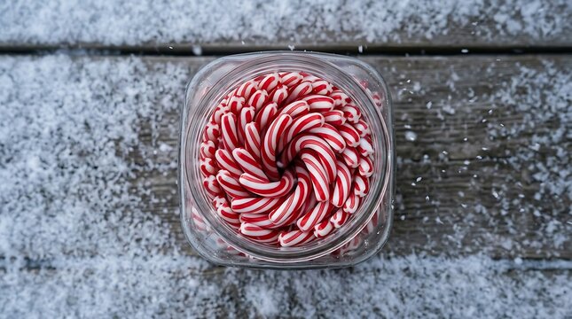 Red and white striped candy canes in a glass jar on snowy wood