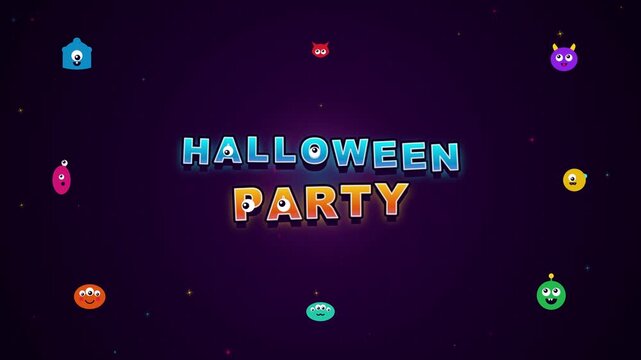 Halloween party neon text with cute monster pattern background