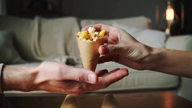 Reaching right hand initiating popcorn cone transfer to left sweatered hand on wooden table