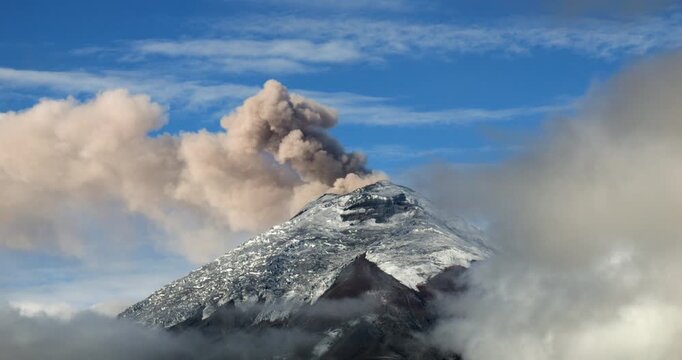 Cotopaxi Volcano, Ecuador, erupting, 12th of May 2023,. Volcanic ash is erupting from the crater. At 5897m altitude one of the world's highest active volcanoes.