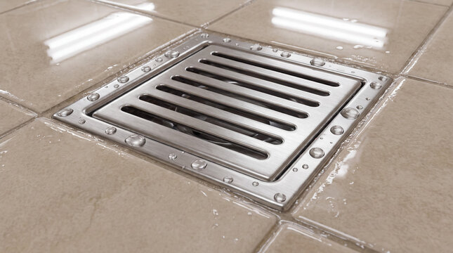 Stainless steel drain on tiled floor collecting water drops in a modern, hygienic bathroom setting