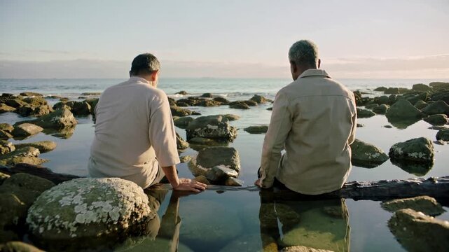 Arriving at rocky shore, two men sitting inspecting rock stack in tide pool, in light shirts