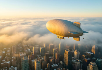 Obraz premium Travel and tourism innovation, vintage airship flying over a modern city skyline at sunrise with golden light and clouds for luxury transport concepts
