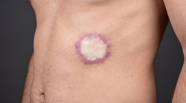 Close up of localized scleroderma morphoea or healing keloid scar with purple halo on human torso, dermatology condition