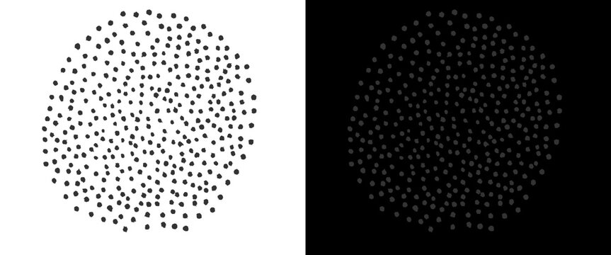 Minimalist stipple circle pattern, abstract black and white pointillism dots, geometric halftone sphere texture for graphic design