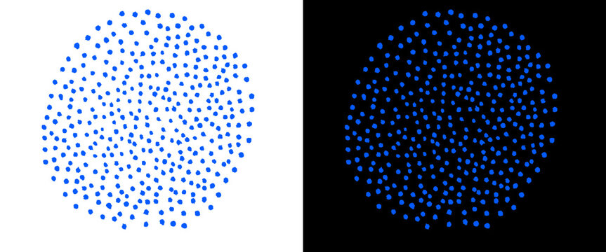 Minimalist blue dot pattern in circular formation, abstract stipple effect on white and black backgrounds, geometric pointillism art for modern design