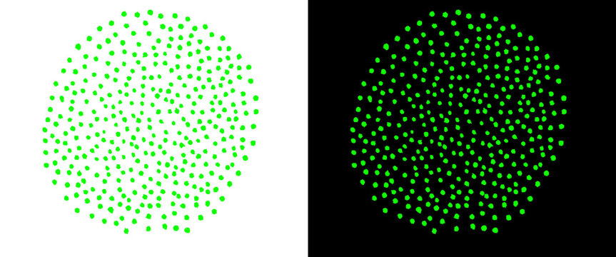 Green stipple dot pattern in circular formation, neon pointillism texture on black and white backgrounds, abstract digital particle cluster