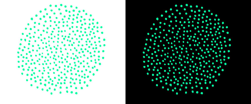 Teal stipple dot pattern in circular shape, mint green pointillism sphere on white and black background, abstract halftone particle texture