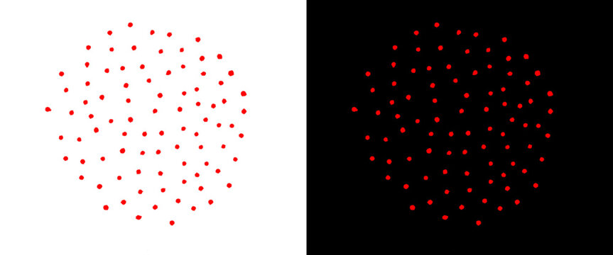 Minimalist red dot pattern in circular formation, abstract stipple effect on white and black backgrounds, geometric pointillism design