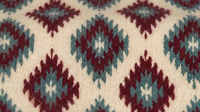 Woven rug with traditional geometric tribal patterns closeup textile detail
