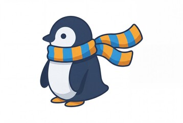 Obraz premium Cute cartoon penguin side profile wearing a striped winter scarf