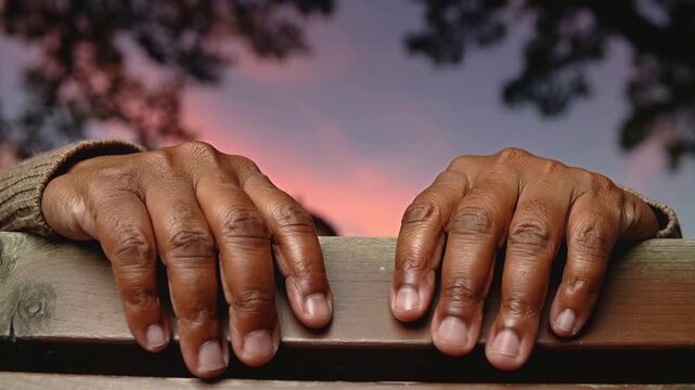 Gripping hands starting flat, tightening then lifting and sliding along wood rail at dusk