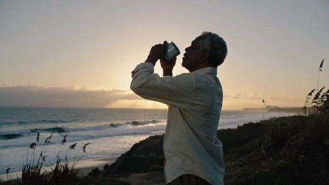Lifting senior man in light shirt tilting metal cup to lips on bluff at sunset, drinking