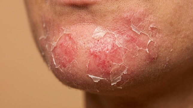 Macro close up of severely dry, peeling and flaking skin on male chin, damaged skin barrier and dermatitis concept.