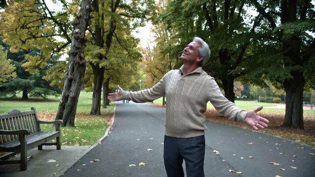 Stepping forward as take starts senior man walking park path in beige sweater admiring tree canopy
