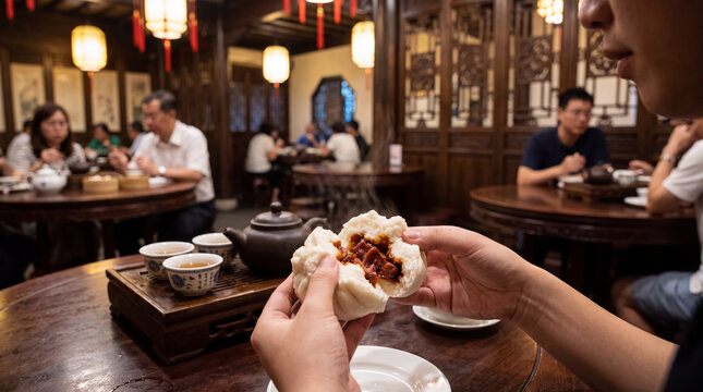 Char siu bao BBQ pork bun with split top revealing sweet pork filling