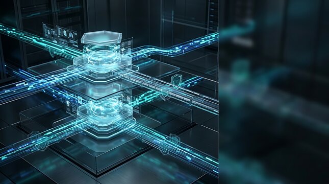 Data center server racks with glowing blue digital set des