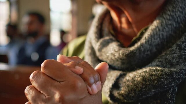 Camera framing elder moving hands clasping, interlacing, gentle clapping on wooden pew, gray scarf