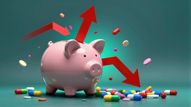 Pink piggy bank surrounded by pills, with arrows showing rising costs.