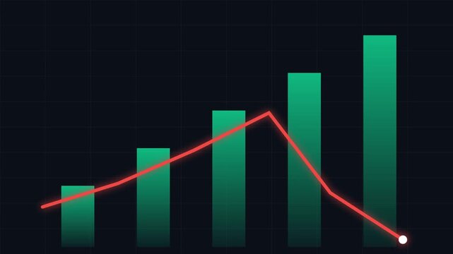 Green bar charts with rising red trend lines animate against a dark grid background with professional data visualization interface graphic with information