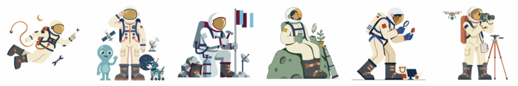 Collection of Vector Illustrations Featuring Astronauts Exploring Space, Interacting with Aliens, and Conducting Research on Other Planets.