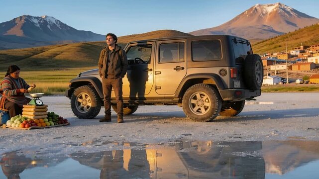 Stopping man leaning by jeep at salt flat, poncho-clad seller weighing produce on scale to sell