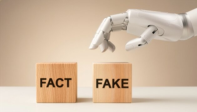 A futuristic robotic hand reaches down toward two wooden blocks labeled fact and fake on a white surface, conceptualizing artificial intelligence data validation and truth verification.